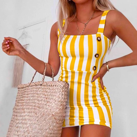 Various Dresses & Skirts - New Yellow&White Striped Bodycon Mini Dress Sz XS